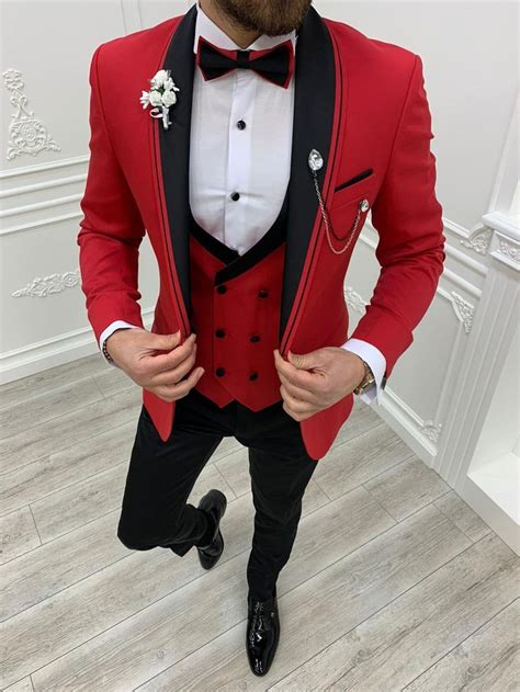 red suits red  piece slim fit  button wedding groom party wear coat