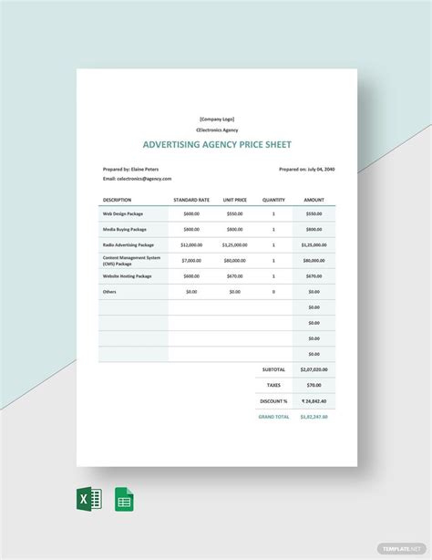 price sheet template   word google docs excel