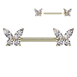 tepelpiercing met glinsterende vlindertjes van kristal goud