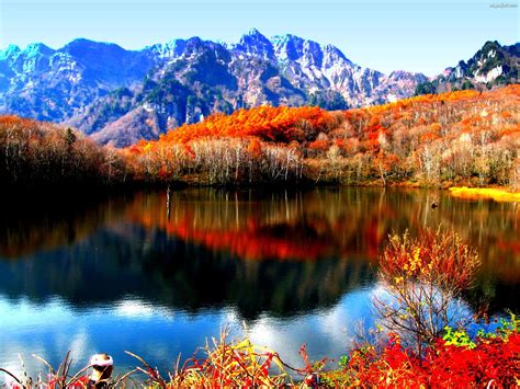 jesien drzewa kolorowe gory jezioro na pulpit