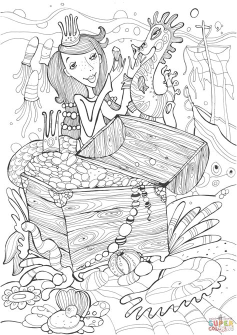 sea horse  princess mermaid  treasure coloring page