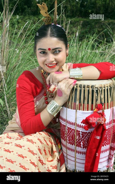 Assamese Girl In Traditional Costume During Bihu Celebration Stock