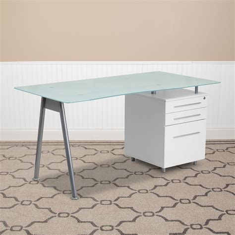 flash furniture white computer desk  glass top   drawer