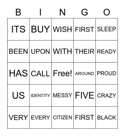bingo sight words bingo card