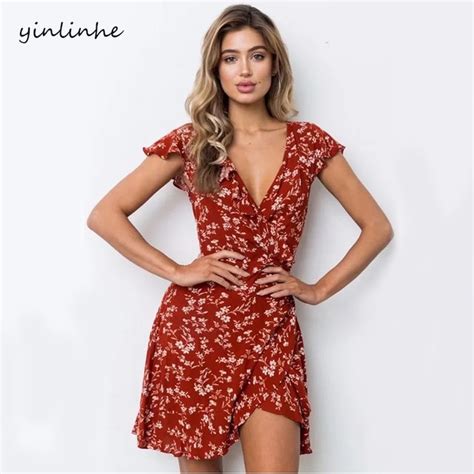 yinlinhe v neck red floral beach wrap dresses women