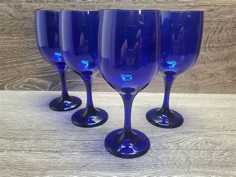Set Of 4 Vintage Libbey Cobalt Wine Glasses 8 Oz Blue Water Goblets