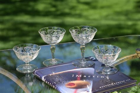 vintage needle etched champagne coupe cocktail martini glasses set of