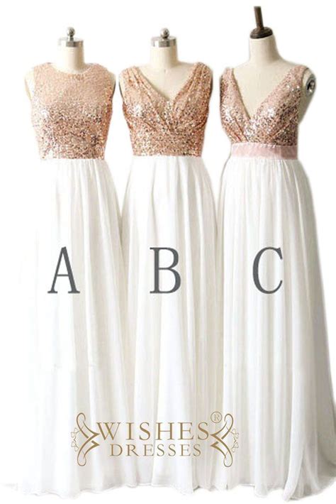 Rose Gold Sequins Top And Chiffon Bridesmaid Dress Long