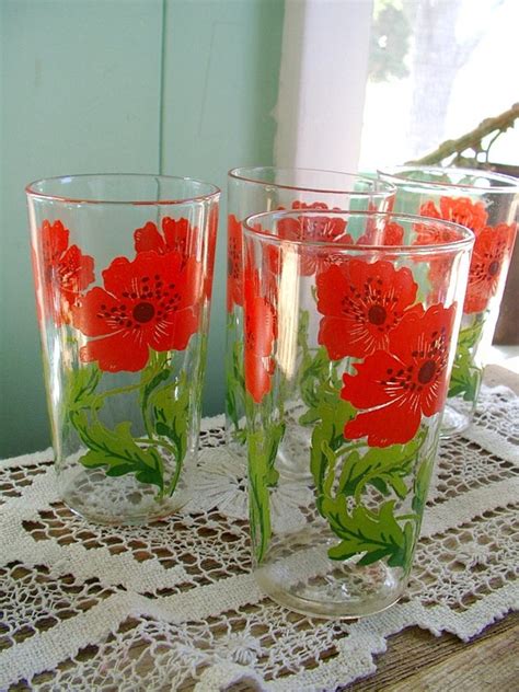 5 pretty red poppy vintage flower drinking glasses