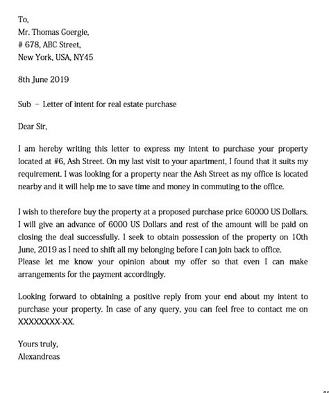 letter  intent  purchase real estate template collection
