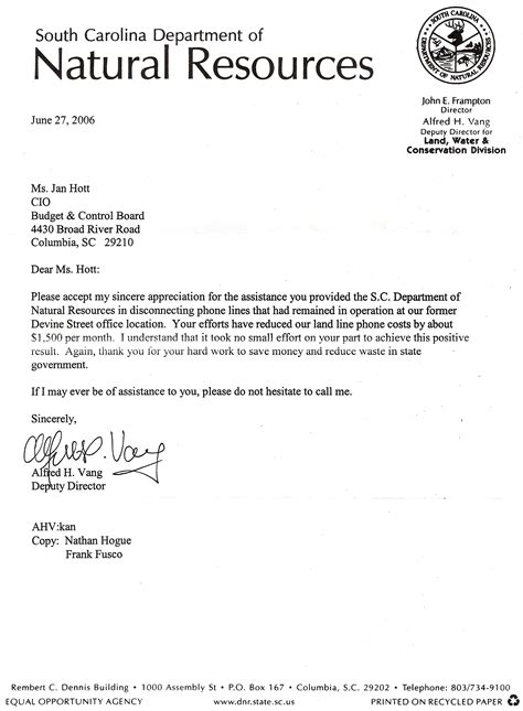 south carolina department  natural resources dnr letter expressing appreciation