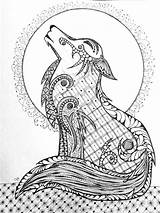 Wolf Coyote Zentangle Native Moon Drawings American Zen Doodle Patterns Painting Original sketch template