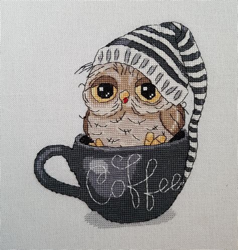 owl  coffee cross stitch pattern  instant  cute etsy