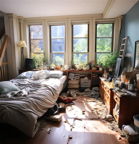 Premium Ai Image A Messy Bedroom With A Bed And A Box Of Trash On The