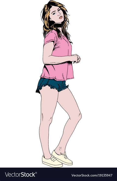Beautiful Slim Girl In Casual Clothes Drawn In In Vector Image