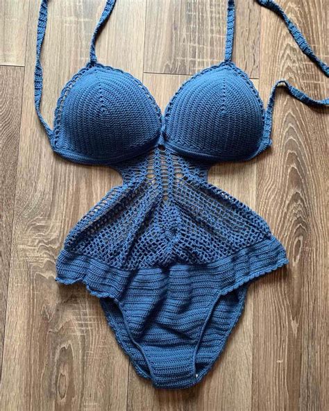 Blue Crochet Monokini Plus Size Swimsuit Customised Honeymoon Swimsuit