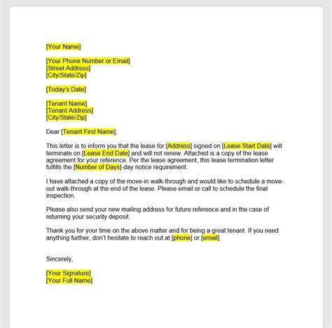 landlord lease termination letter template lease termination letter
