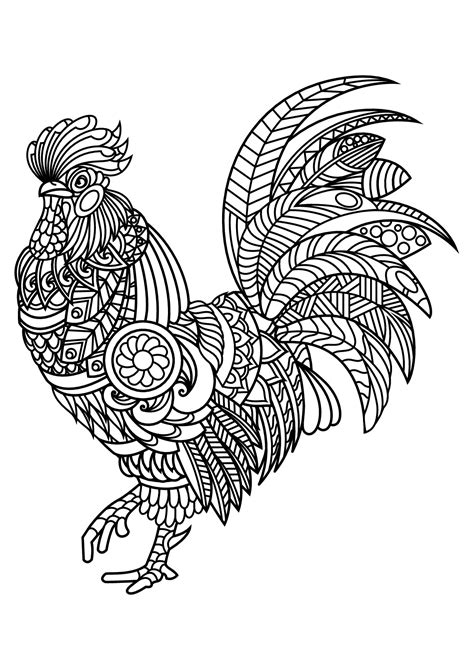 majestic rooster  zentangle motifs birds kids coloring pages