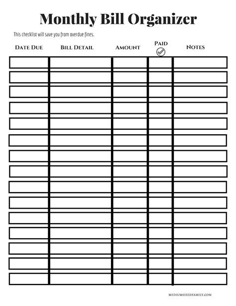 monthly bill organizer  fill  printable fillable blank