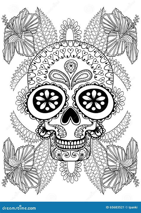 hand drawn artistic skull  flowers  adult coloring page stock