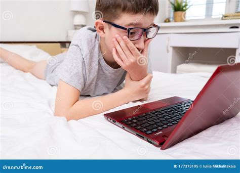 distance learning  education schoolboy studying  home  lying  bed   laptop