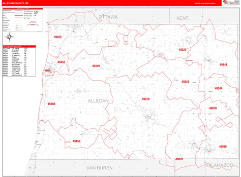 allegan county mi zip code wall map red  style  marketmaps mapsales