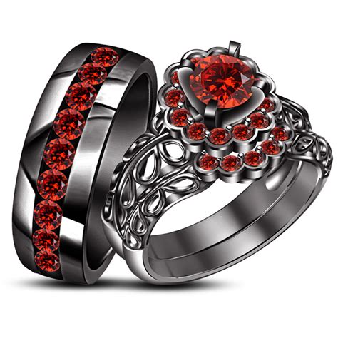 silver  black gold plated  red garnet hisher trio wedding ring set cz moissanite