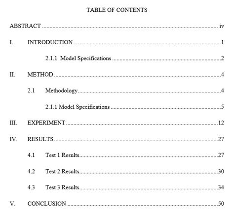 format research paper table  contents categories