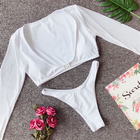 Summer Sexy Long Sleeve Brazilian Bikini High Cut White Swimsuit Thong