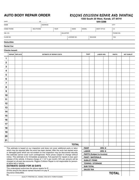 auto body contract template hq printable documents
