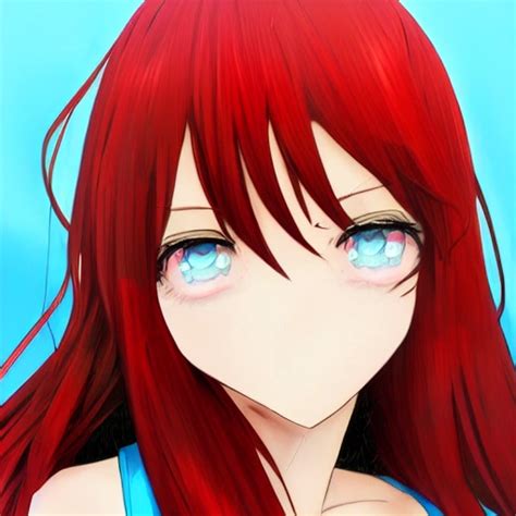 Anime Girl In Bikini Blue Eyes Red Hair Large Chest Digital