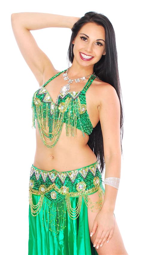 Classic Beaded Cabaret Belly Dance Costume With Fringe Green