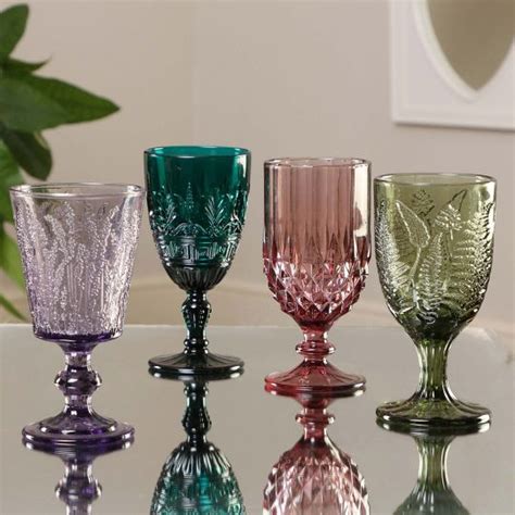 mix and match vintage embossed coloured wine glasses