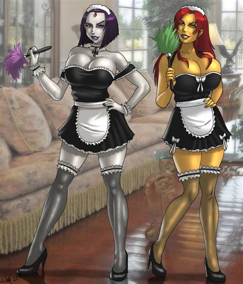 slutty cosplay maids starfire and raven lesbian lovers