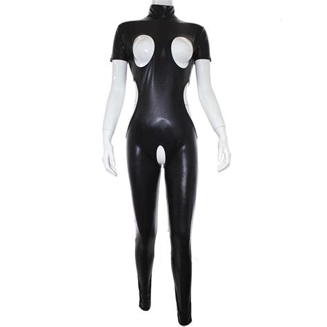 Sexy Wet Look Faux Leather Open Breast Crotchless Jumpsuit Cupless