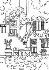 House Coloring Greek Architecture Flowers Plants Cute Adult Pretty Pages sketch template