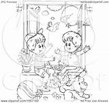 Playing Window Coloring Illustration Clip Outline Boys Royalty Bannykh Alex sketch template