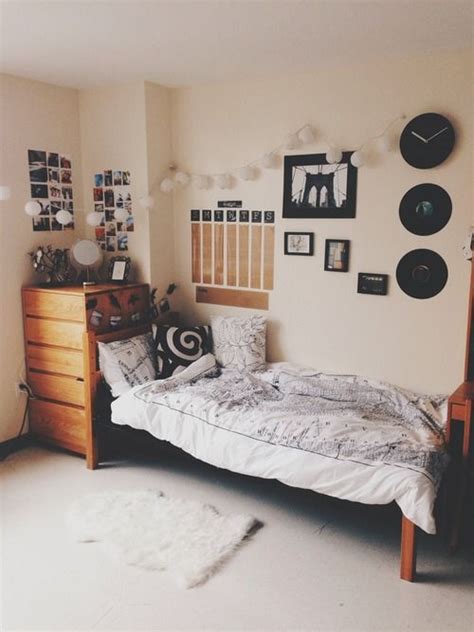 black  white nice wall decor  lights strung  cute dorm