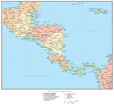 central america map  multi color countries cities  roads