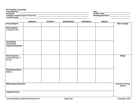 lesson plan templates common core preschool weekly