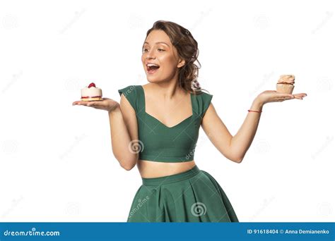 Brunette Pretty Beautiful Caucasian Woman In Green Festive Dress Stock