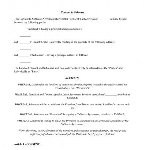 consent  sublease sample template word