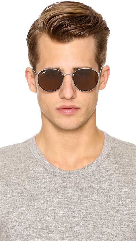 lyst ray ban polarized round folding sunglasses in metallic for men