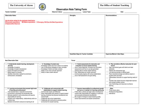 student teacher observation note  form