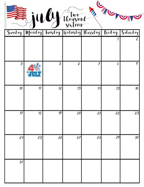 july calendar printable