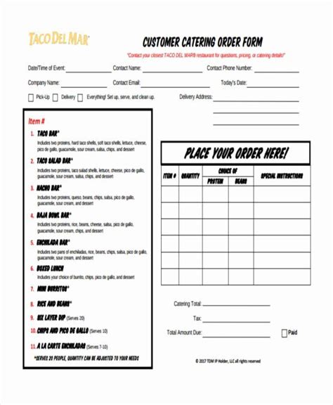 catering order form template  beautiful   catering order form