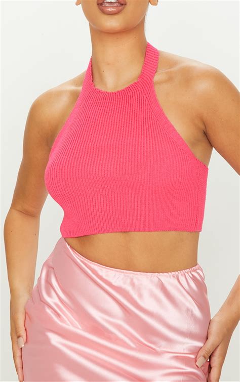 Hot Pink Knit Halter Neck Crop Top Knitwear Prettylittlething