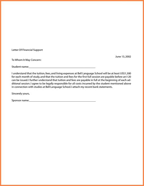 sample letter  financial support  employer sample financial