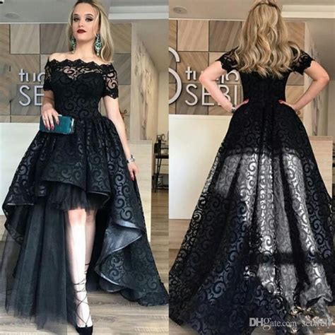 elegant black full lace high low prom dress off shoulder