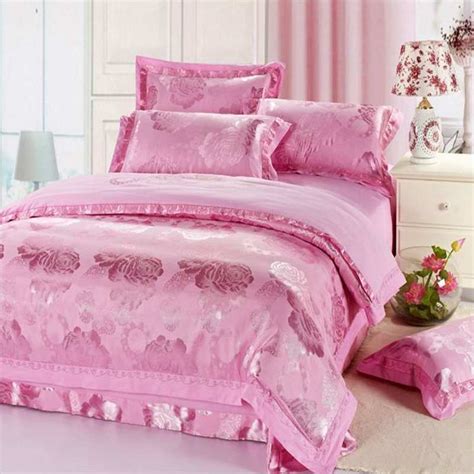 Pink Jacquard Silk Satin Bedding Set Luxury 4pcs Princess